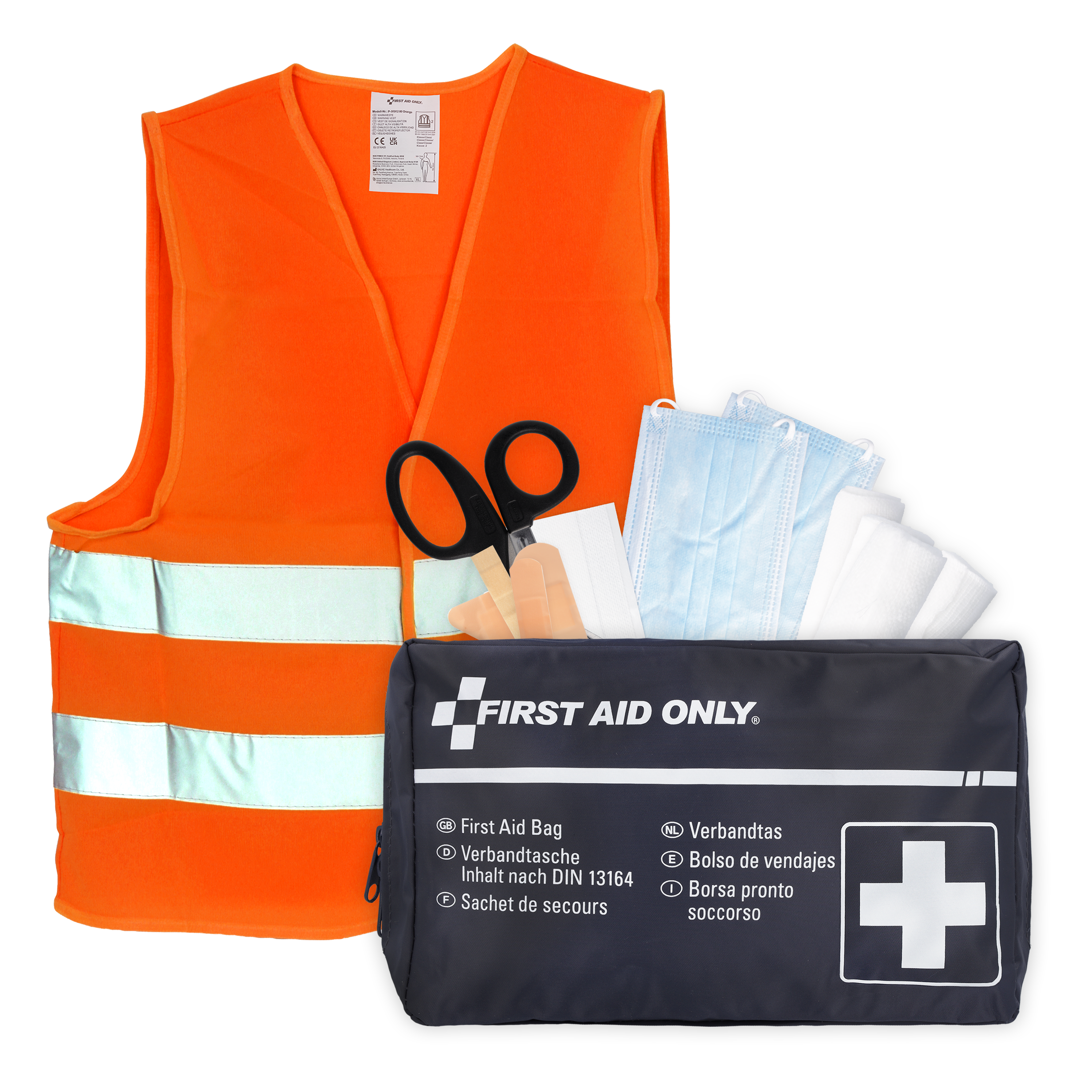 Verbandtasche DIN 13164 für Kfz + Sicherheitsweste EN ISO 20471:2013 Orange