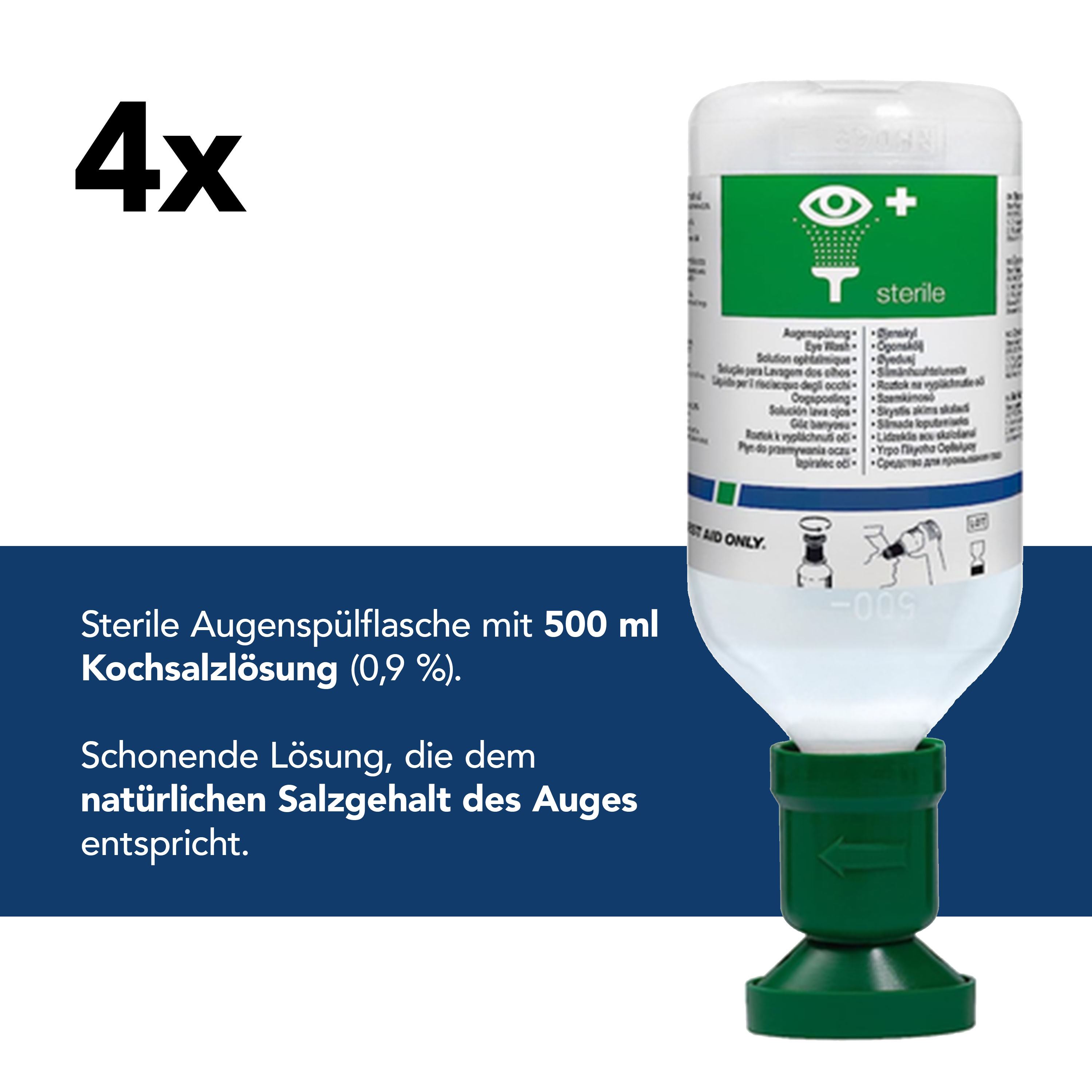 4er Pack Augenspülflasche 500 ml Kochsalzlösung (0,9%) + Pflasterspender