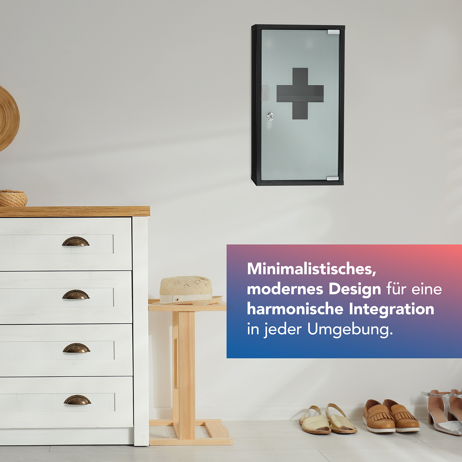 Verbandschrank DIN 13169 Schwarz mit Glastür und 3 Fächern
