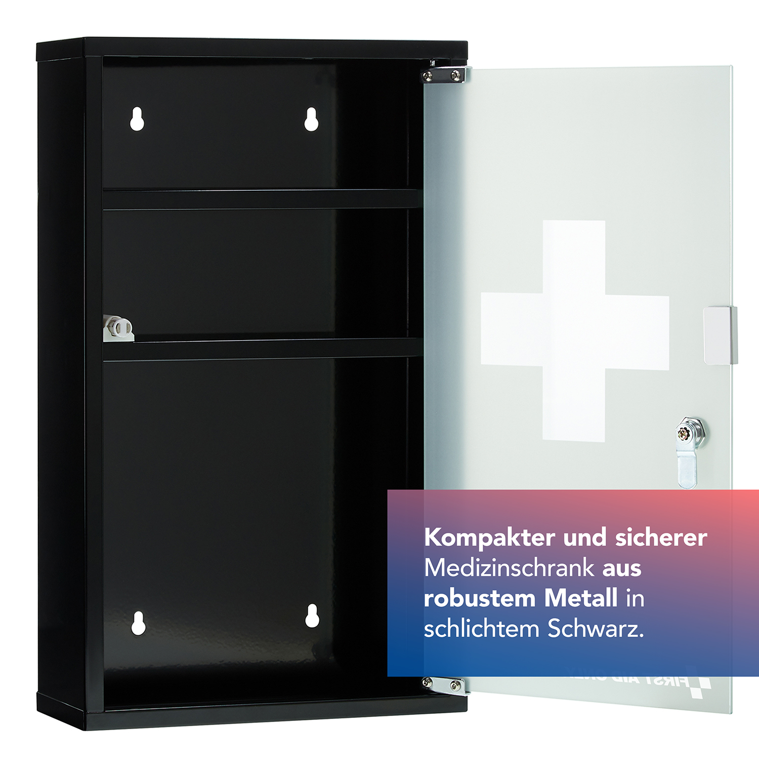 Medizinschrank Schwarz mit Glastür und 3 Fächern