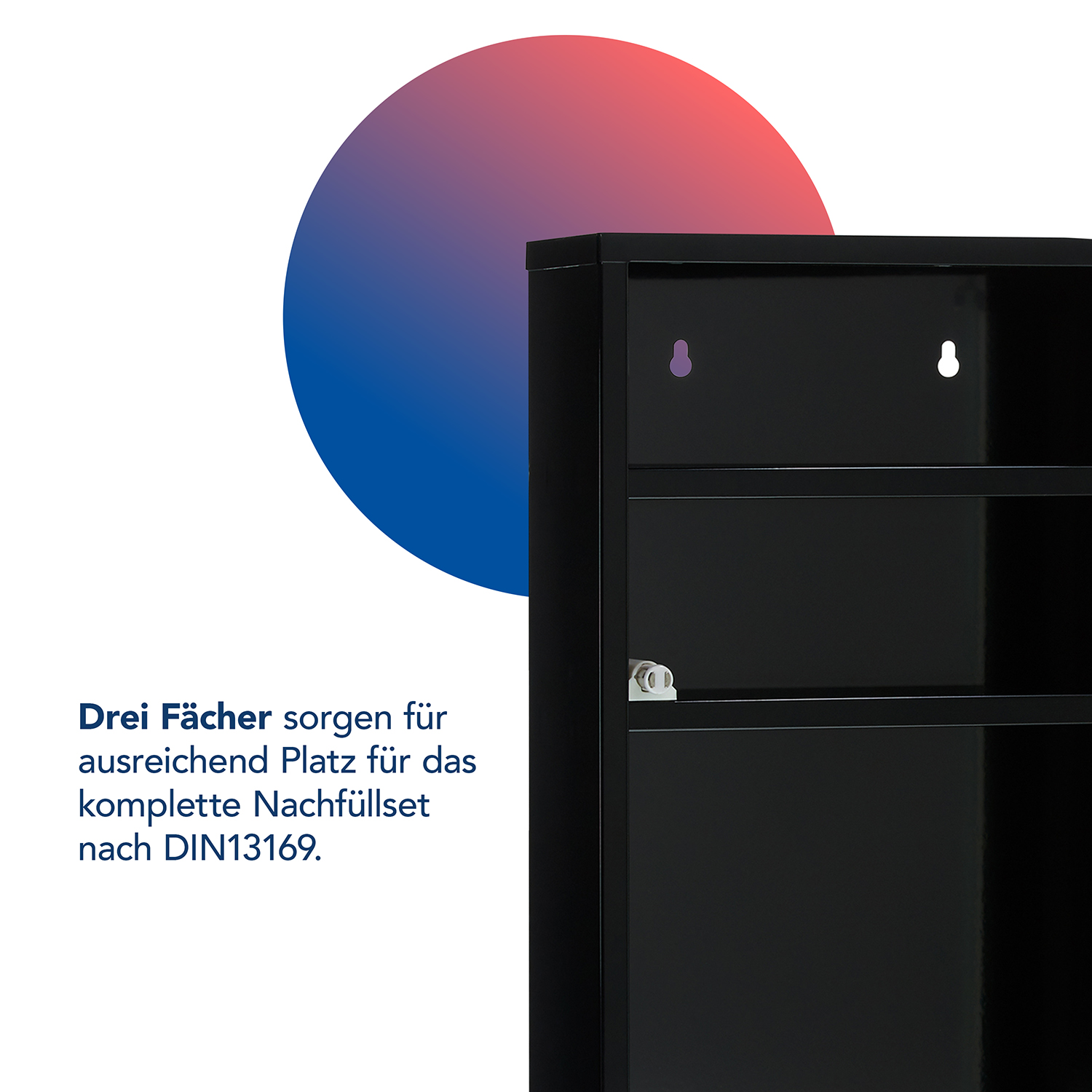 Verbandschrank DIN 13169 Schwarz mit Glastür und 3 Fächern Verbandschrank DIN 13169 Schwarz mit Glastür und 3 Fächern