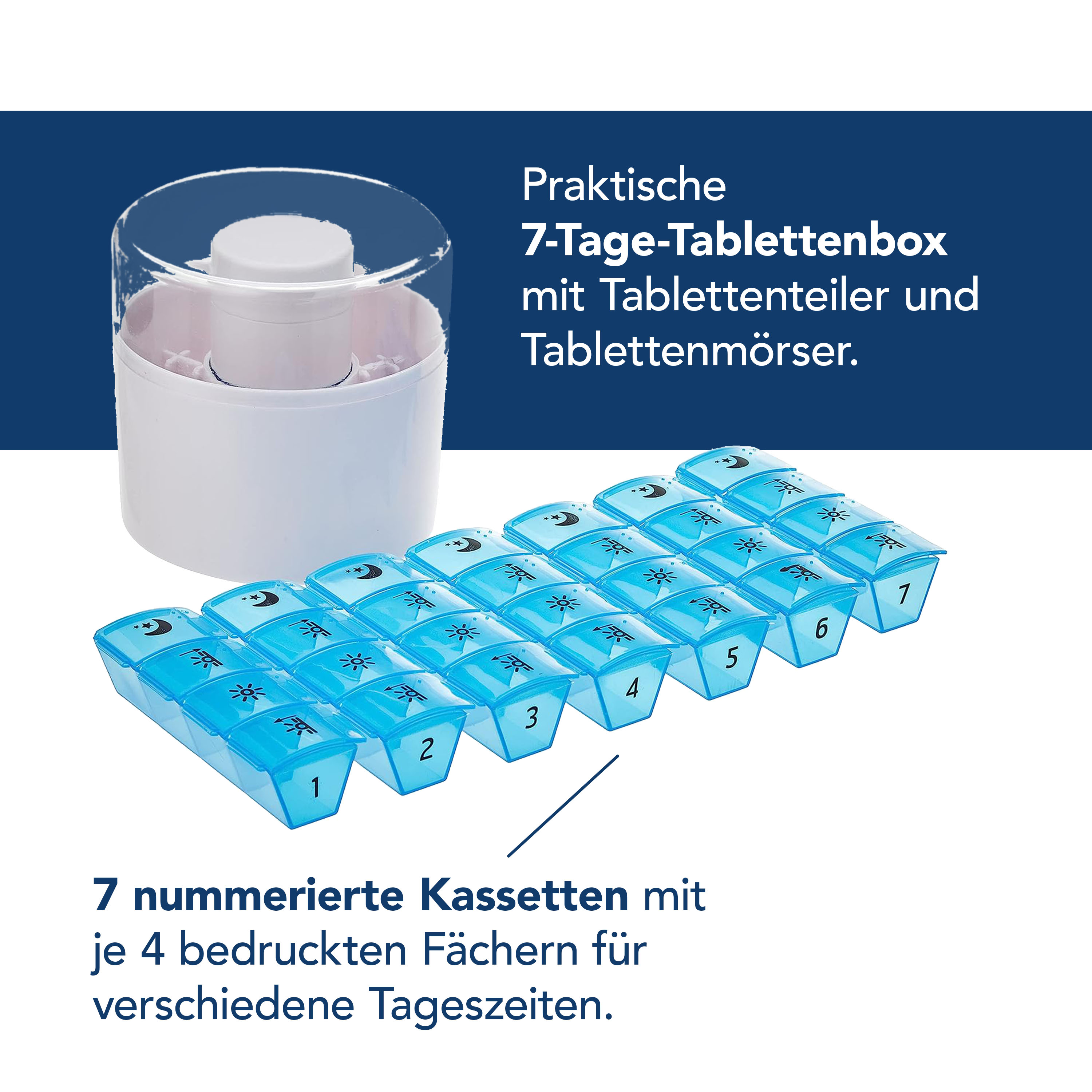 Tablettenbox mit Tablettenteiler und Mörser 7 Tage