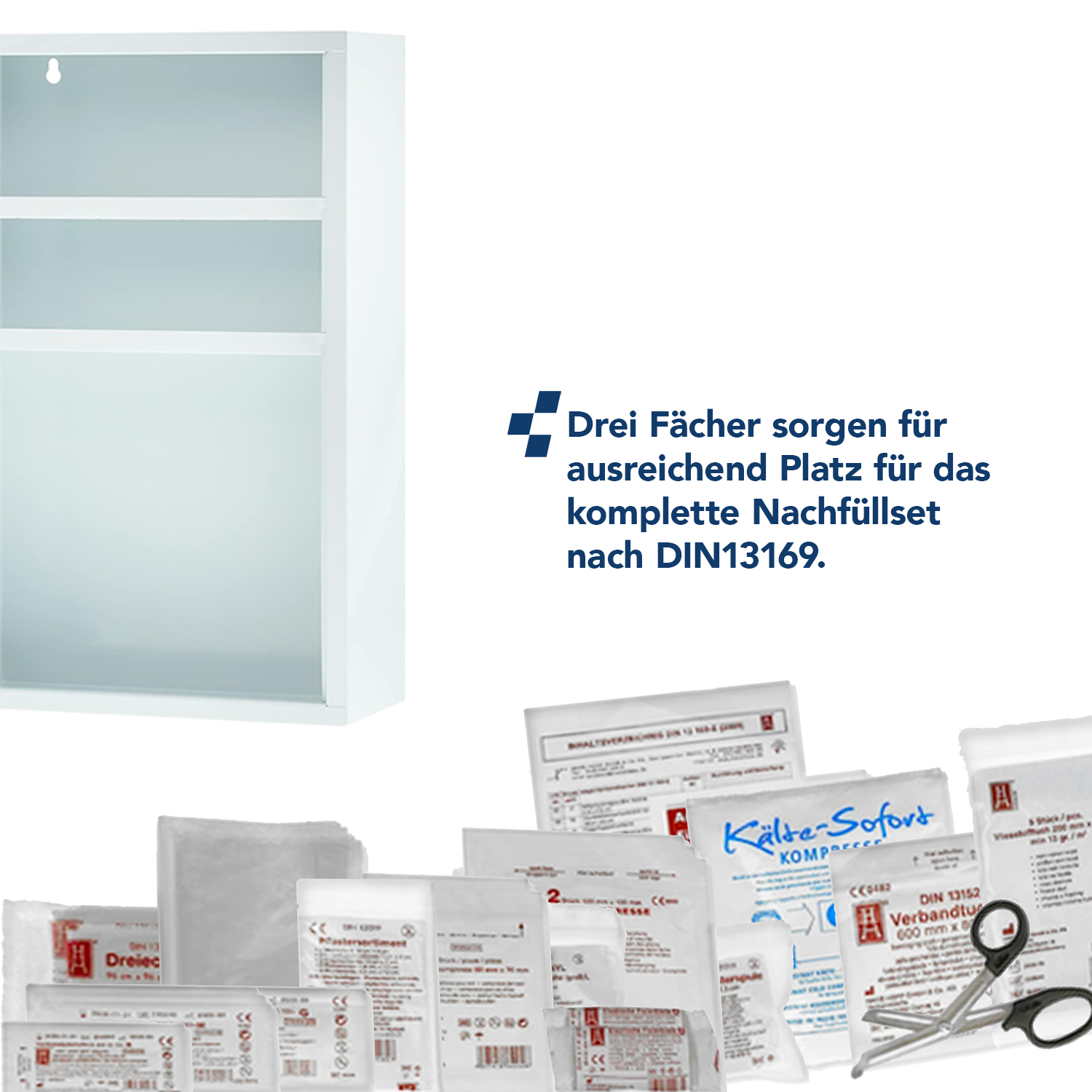 Verbandschrank DIN 13169 Weiß mit 3 Fächern