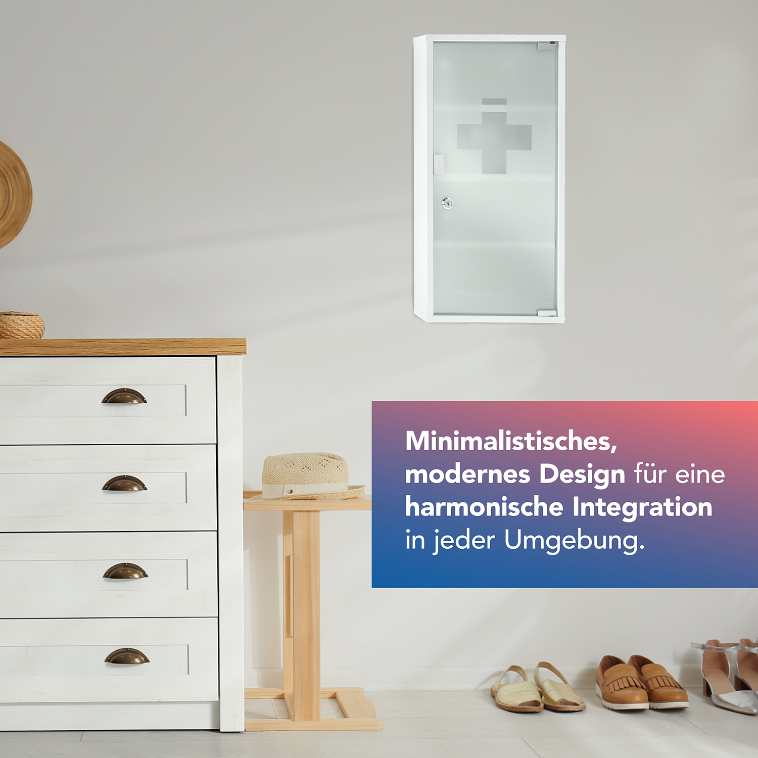 Verbandschrank DIN 13169 Weiß mit Glastür und 4 Fächern