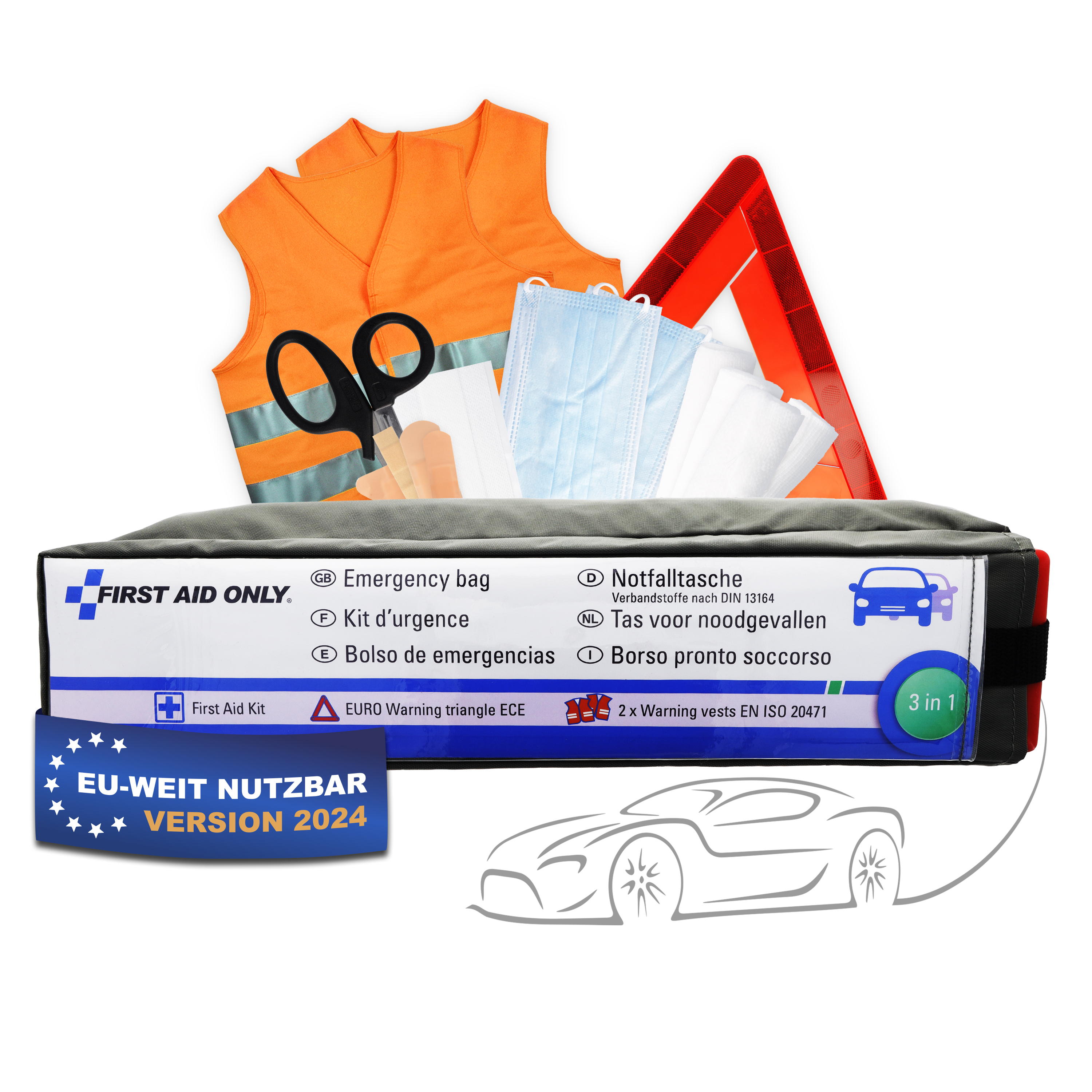 3 in 1 KFZ Verbandtasche mit Warndreieck und Warnwesten 3 in 1 KFZ Verbandtasche mit Warndreieck und Warnwesten