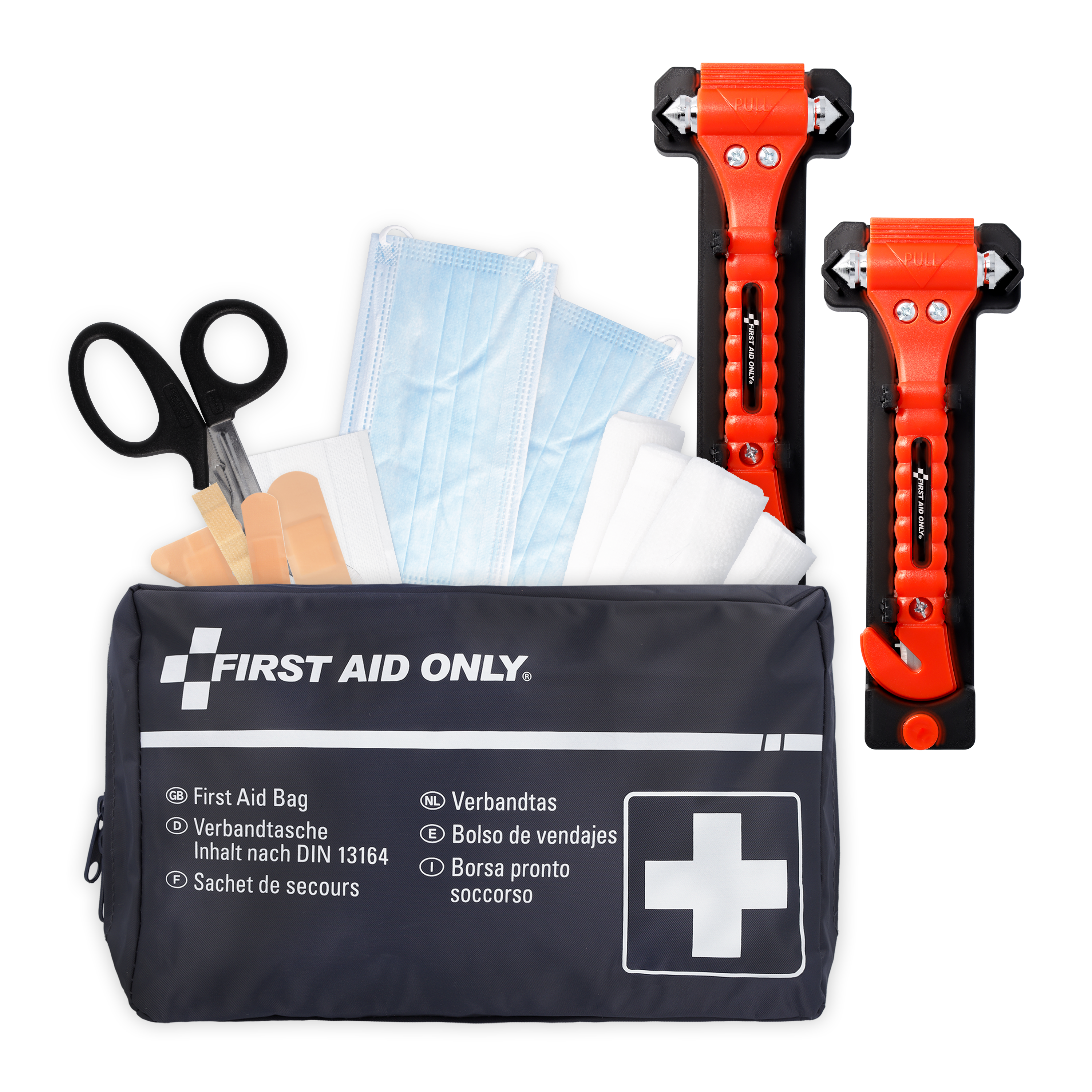 Verbandtasche DIN 13164 für Kfz + 2 x 2-in-1 Notfallhammer mit Gurtschneider