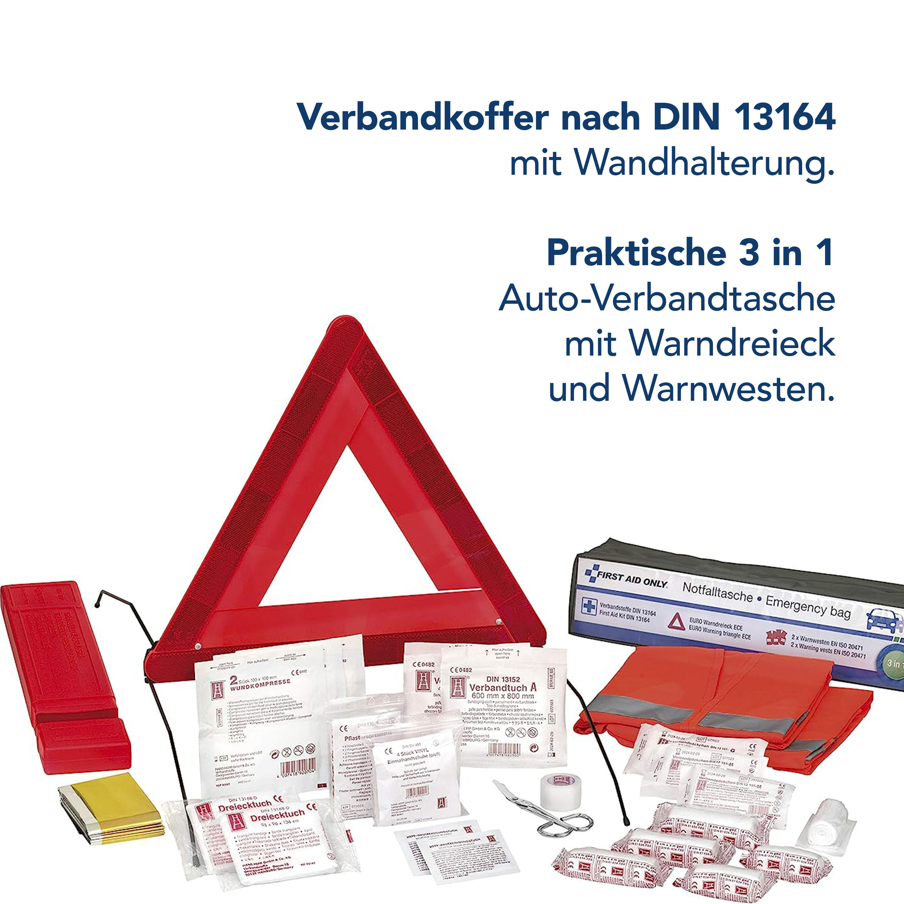 3 in 1 KFZ Verbandtasche mit Warndreieck und Warnwesten