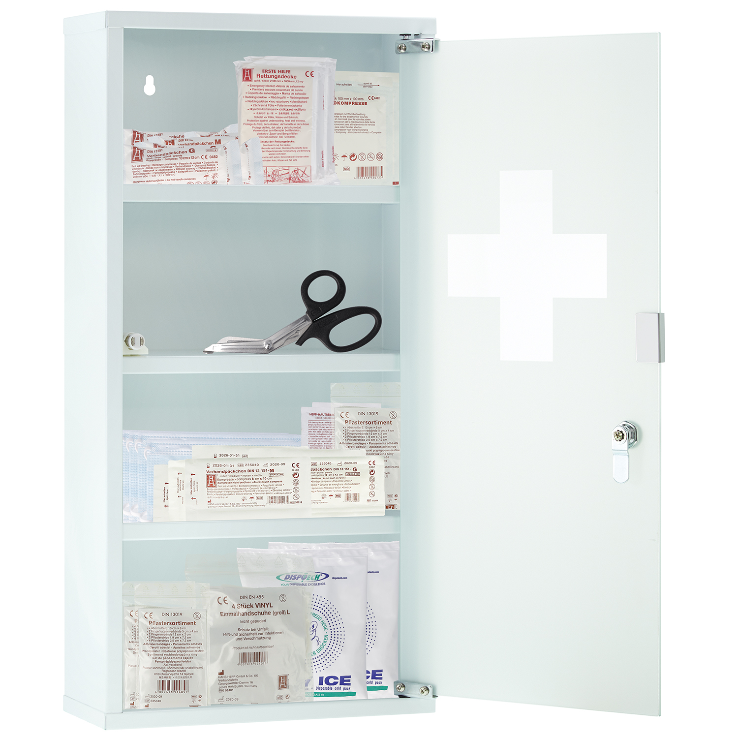 Verbandschrank DIN 13169 Weiß mit Glastür und 4 Fächern