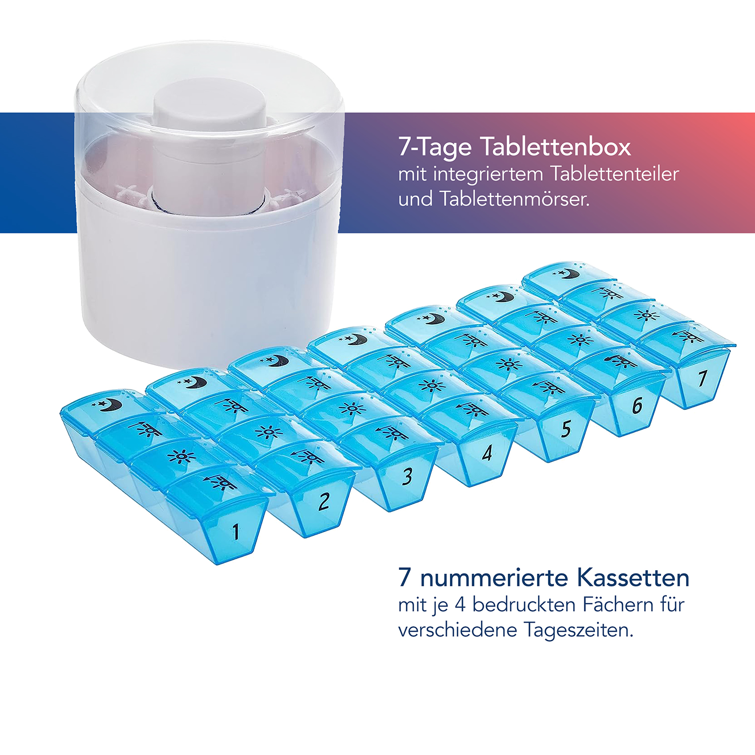 Tablettenbox mit Tablettenteiler und Mörser 7 Tage