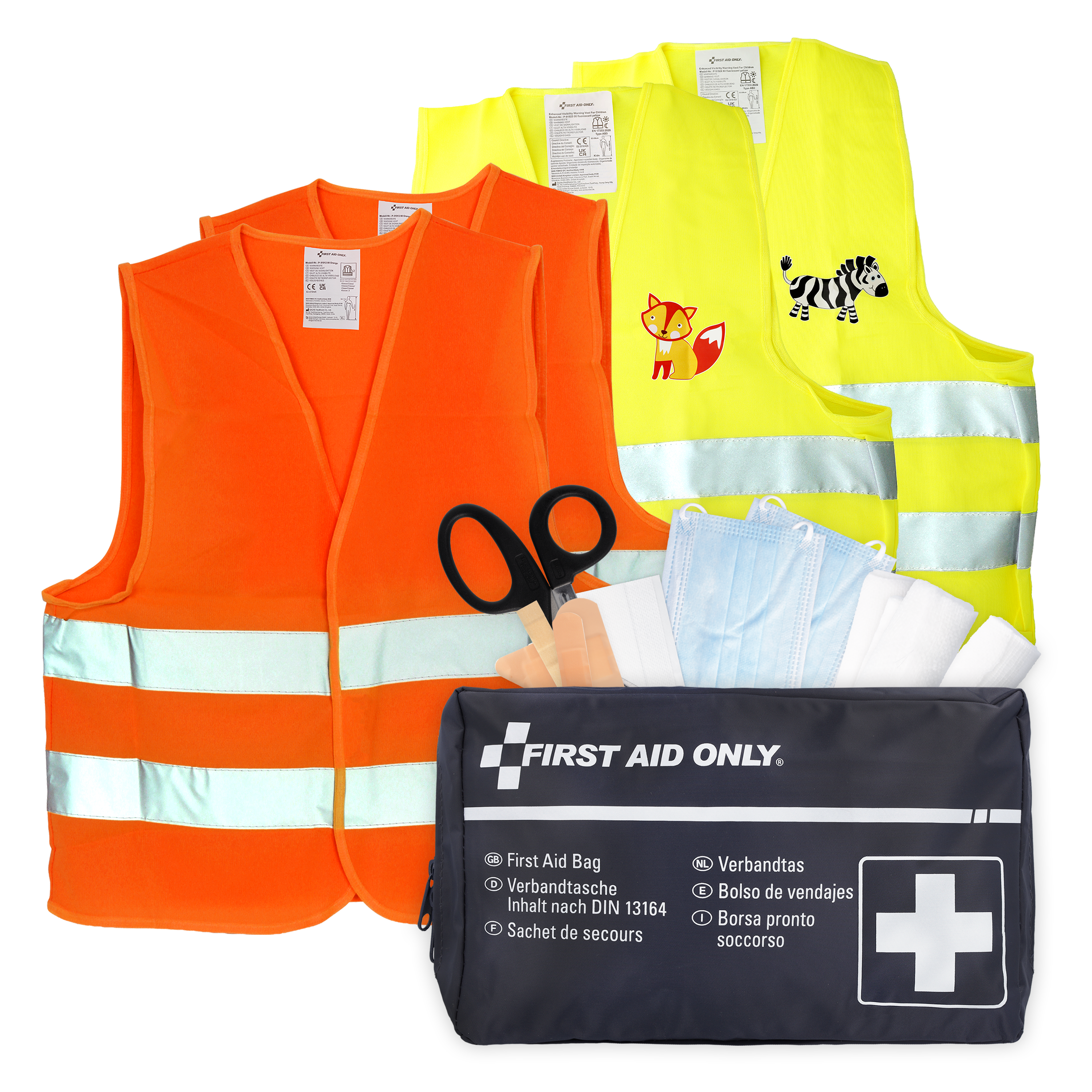 Verbandtasche DIN 13164 für Kfz + 2 x Sicherheitsweste EN ISO 20471:2013 Orange + 2 x Kinderwarnweste 3-8 Jahre