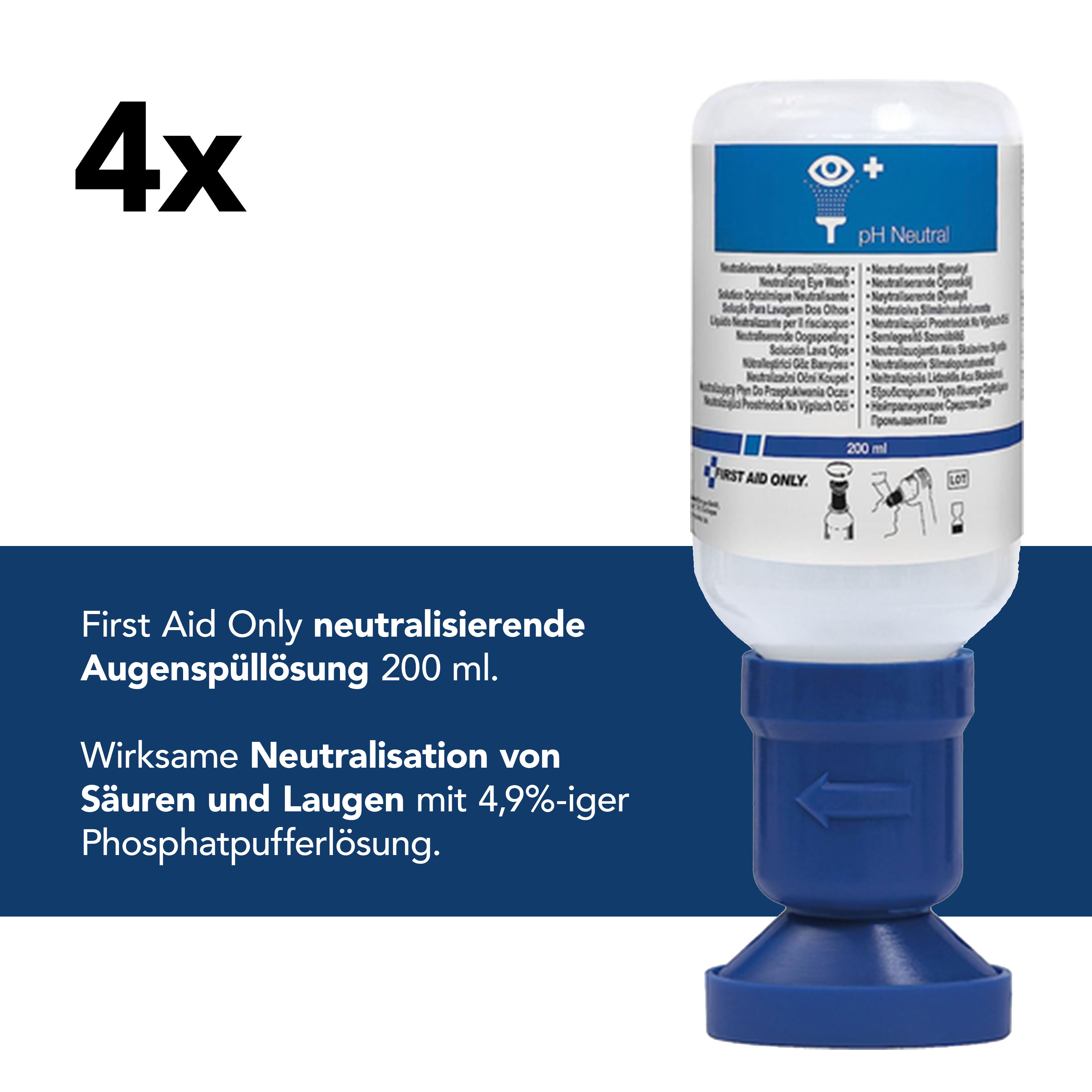 4er Pack Augenspülflasche 200 ml Phosphatpufferlösung (4,9%) + Pflasterspender