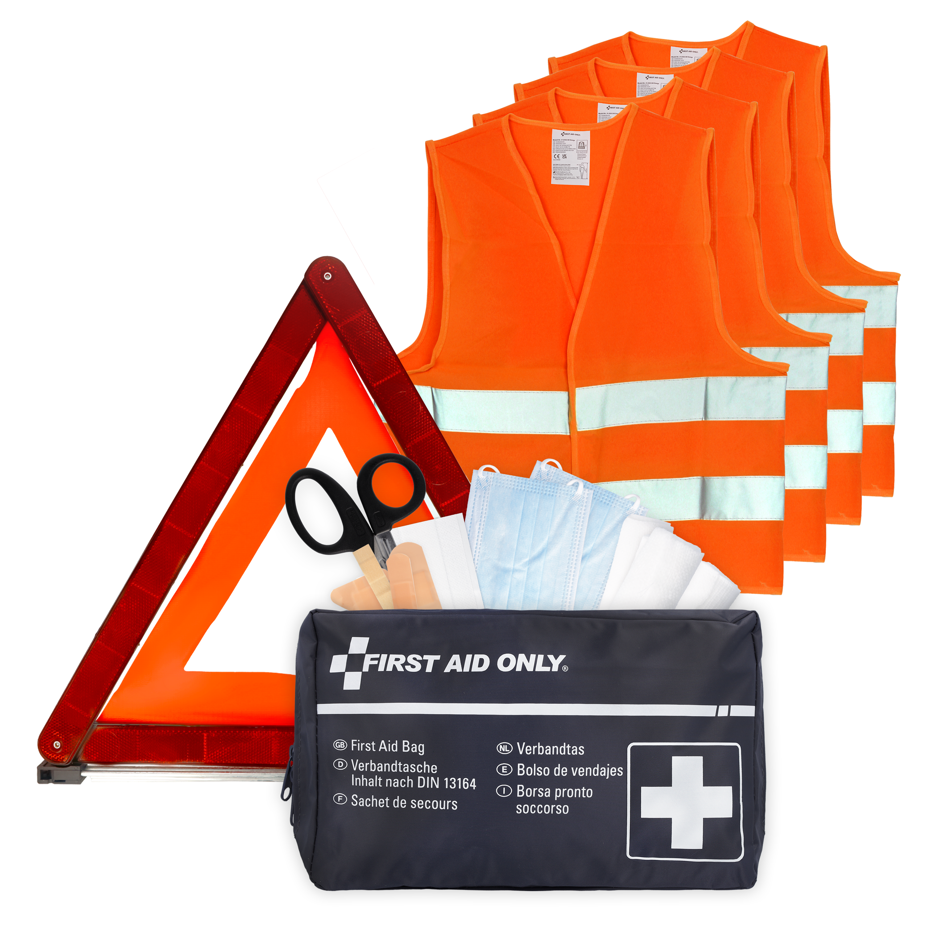 Verbandtasche DIN 13164 für Kfz + Warndreieck nach ECE R27 + 4 x Sicherheitsweste EN ISO 20471:2013 Orange