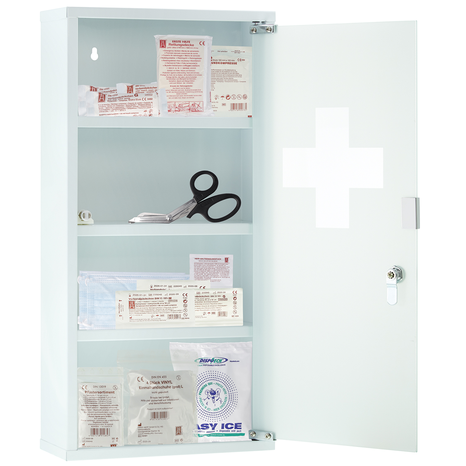 Verbandschrank DIN 13157 Weiß mit Glastür und 4 Fächern