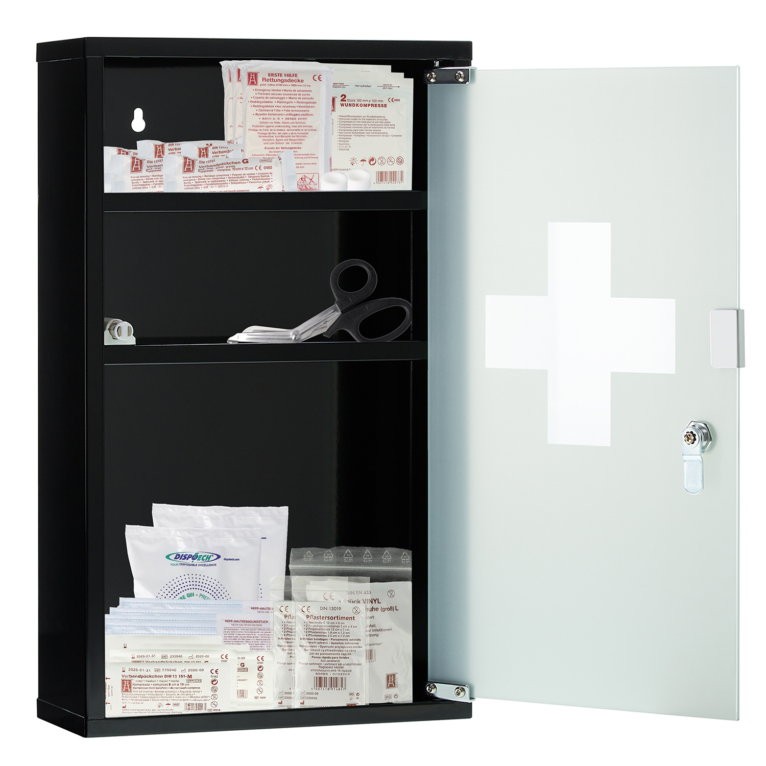 Verbandschrank DIN 13169 Schwarz mit Glastür und 3 Fächern