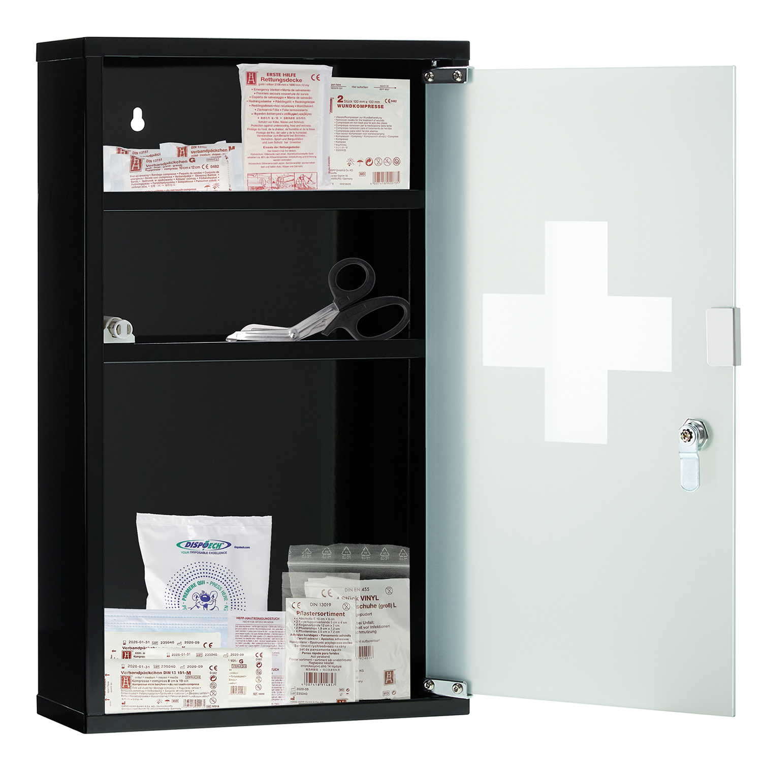 Verbandschrank DIN 13157 Schwarz mit Glastür und 3 Fächern