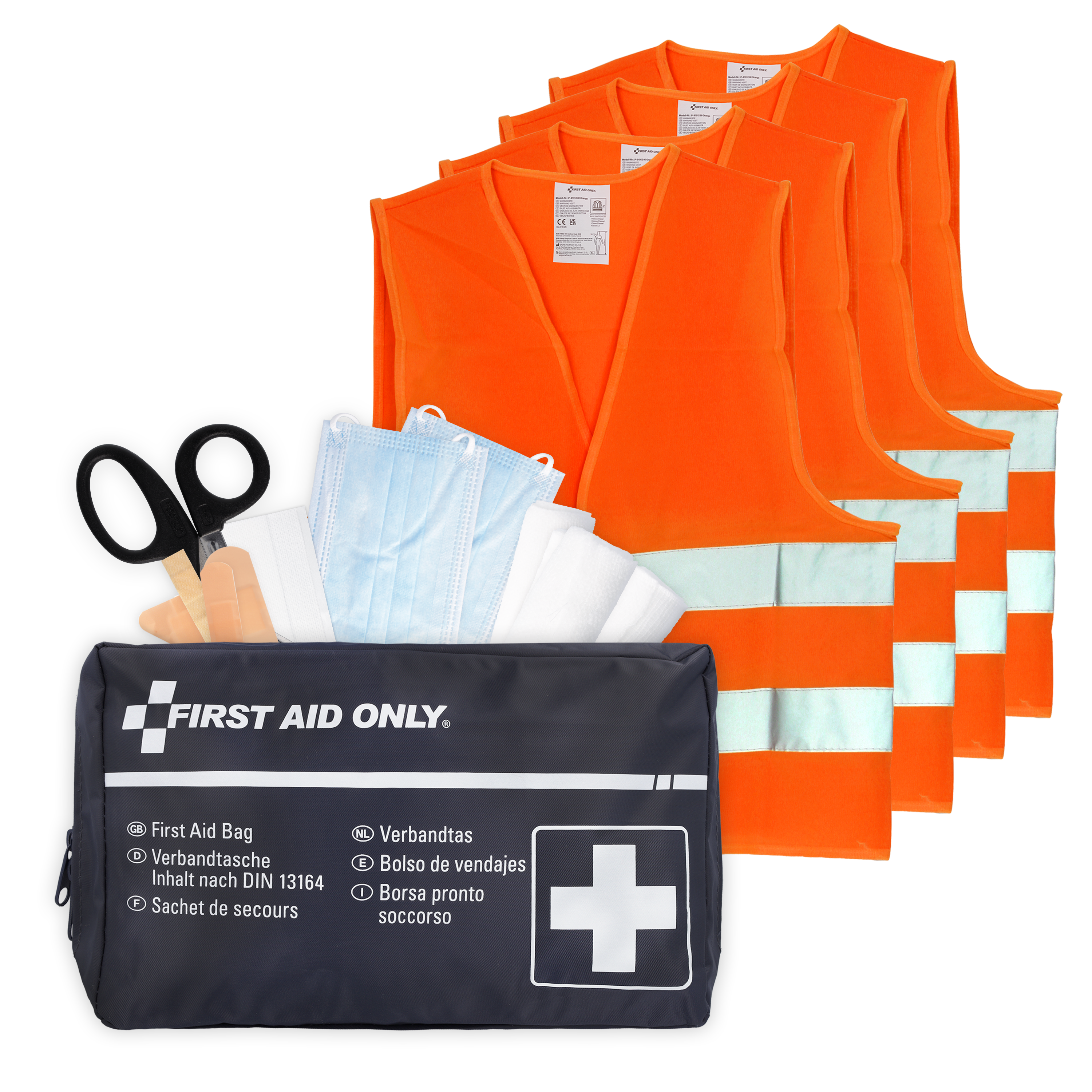 Verbandtasche DIN 13164 für Kfz + 4 x Sicherheitsweste EN ISO 20471:2013 Orange
